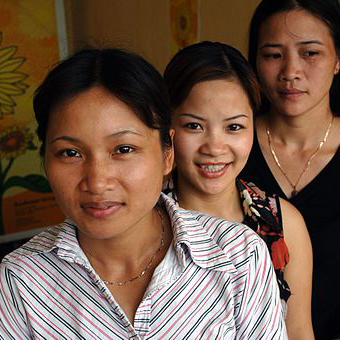 Three female aid workers
