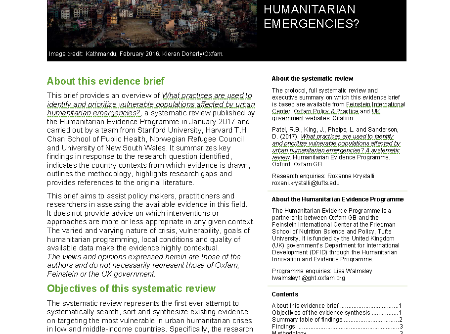 Evidence Brief: What Practices Are Used to Identify and Prioritize Vulnerable Populations Affected by Urban Humanitarian Emergencies?