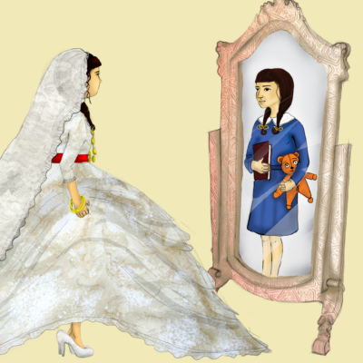 Illustration of child bride looking in mirror