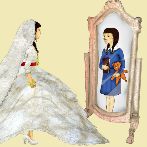 Illustration of child bride looking in mirror