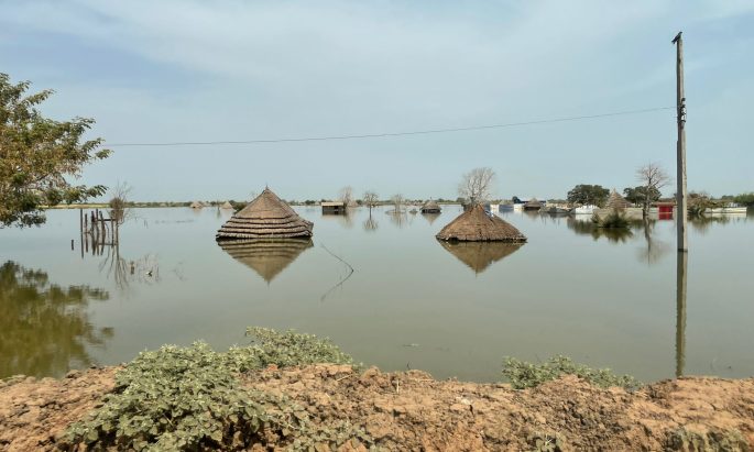 dwellings submerged by floodwaters in South Sudan