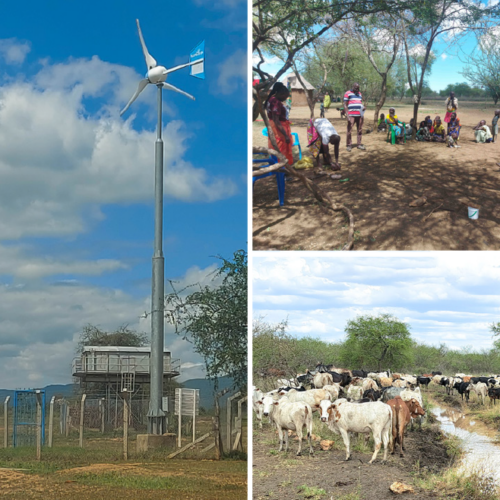 collage of windmill, livestock, and local people