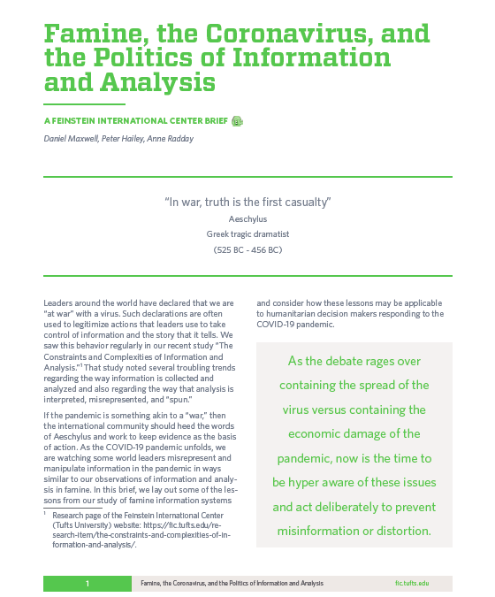 Briefing Paper: Famine, the Coronavirus, and the Politics of Information and Analysis