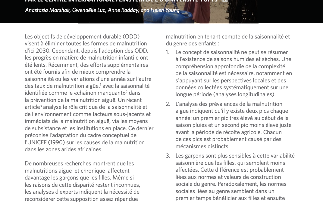 Saisonnalité, genre et malnutrition aiguë dans la province de Sila au Tchad