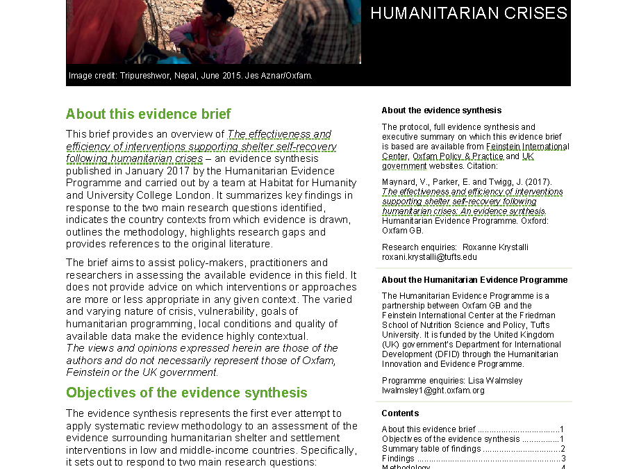 Evidence Brief: Shelter Self-Recovery in Humanitarian Emergencies