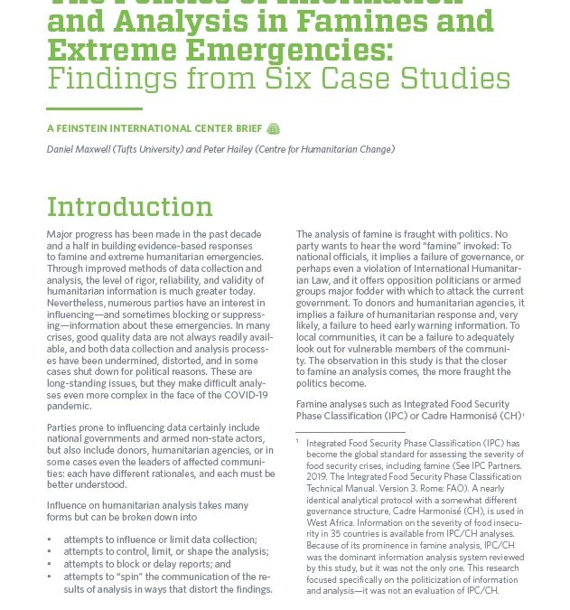 Briefing Paper: The Politics of Information and Analysis in Famines and Extreme Emergencies: Synthesis of Findings from Six Case Studies