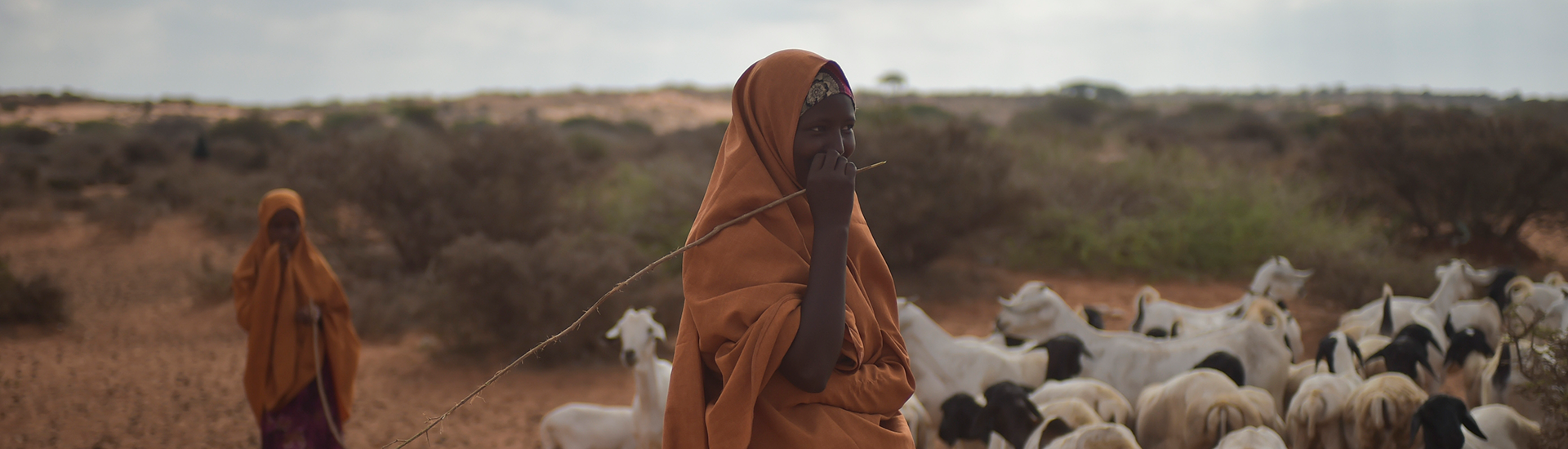 A mother and daughter stand with their herd of goats in El Baraf, Somalia